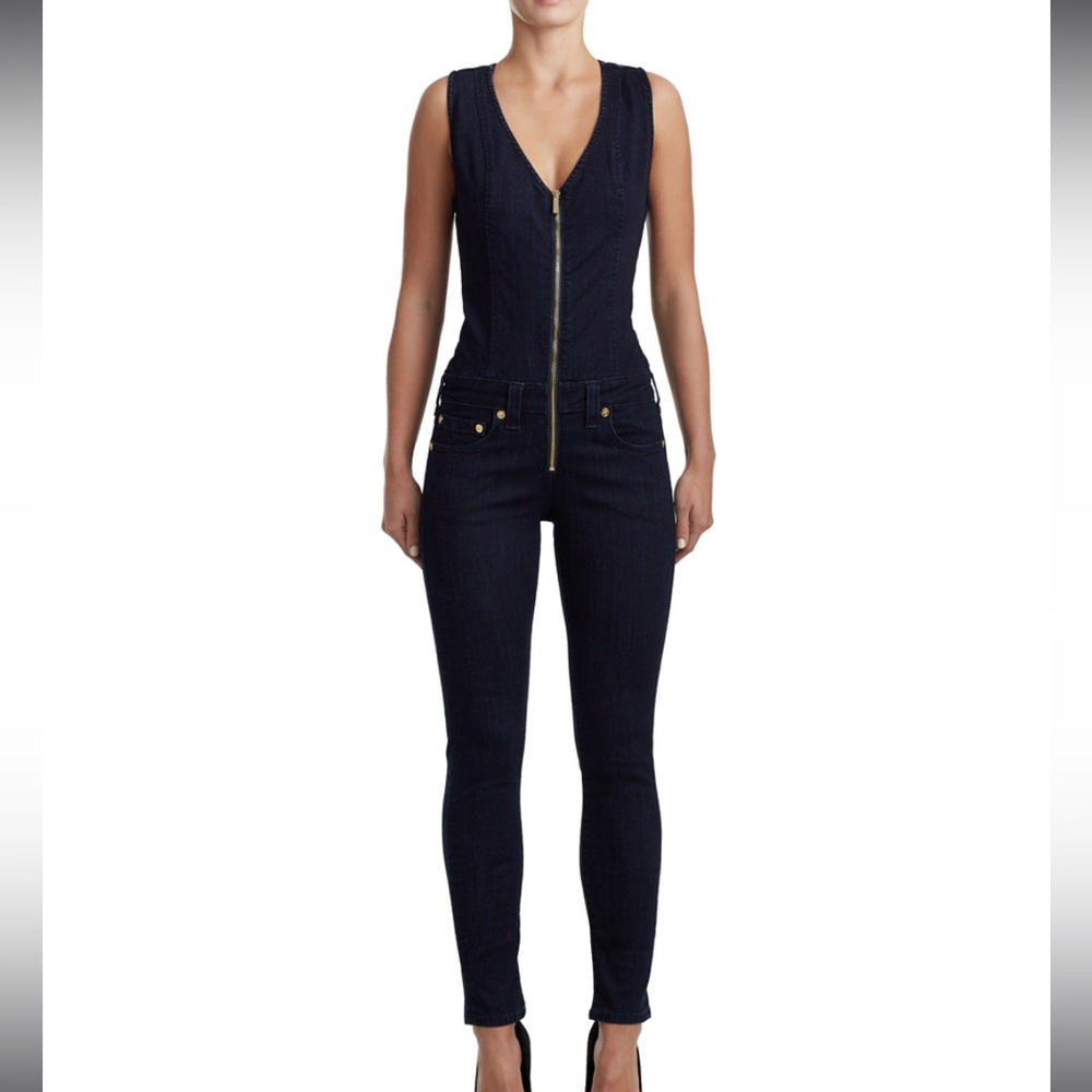 True Religion Navy Blue Sleeveless Zip-Front Denim Jumpsuit Romper Catsuit M - Picture 2 of 7